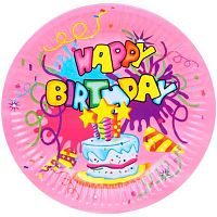 Тарелка бум. "Happy b--day! розовый" 18см (10шт) 130-805